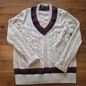 Brooks Brothers Supima Cotton Cable Knit Gray V-Neck Sweater, Navy Maroon Stripe